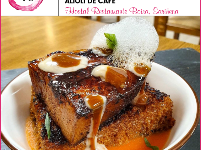 Hostal Restaurante Boira > Papada confitada a baja temperatura y terminada a la brasa, crema de jengibre, alioli de cafe