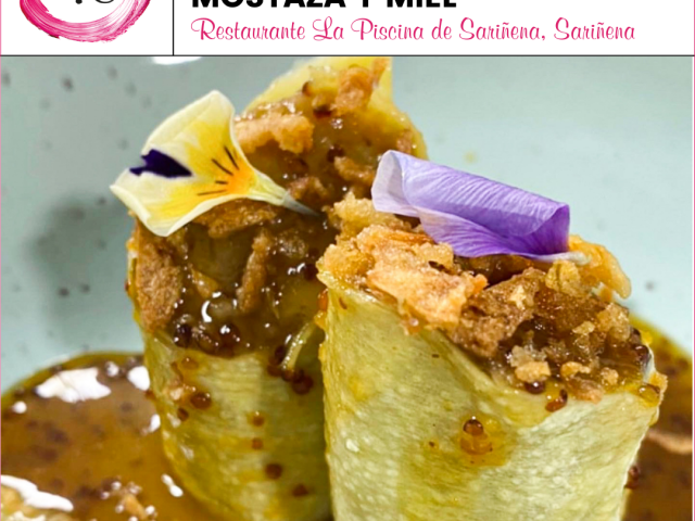 Bar Restaurante La Piscina Sariñena > Canelón de rabo de toro al vino tinto con salsa de mostaza y miel