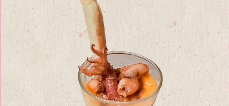 Restaurante El Bodegón de Alagón > Vasito de Puntillas con reducción de sidra y mouse de boniato