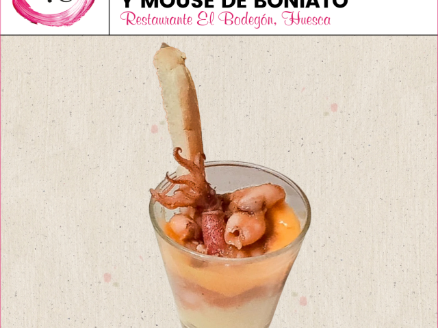 Restaurante El Bodegón de Alagón > Vasito de Puntillas con reducción de sidra y mouse de boniato